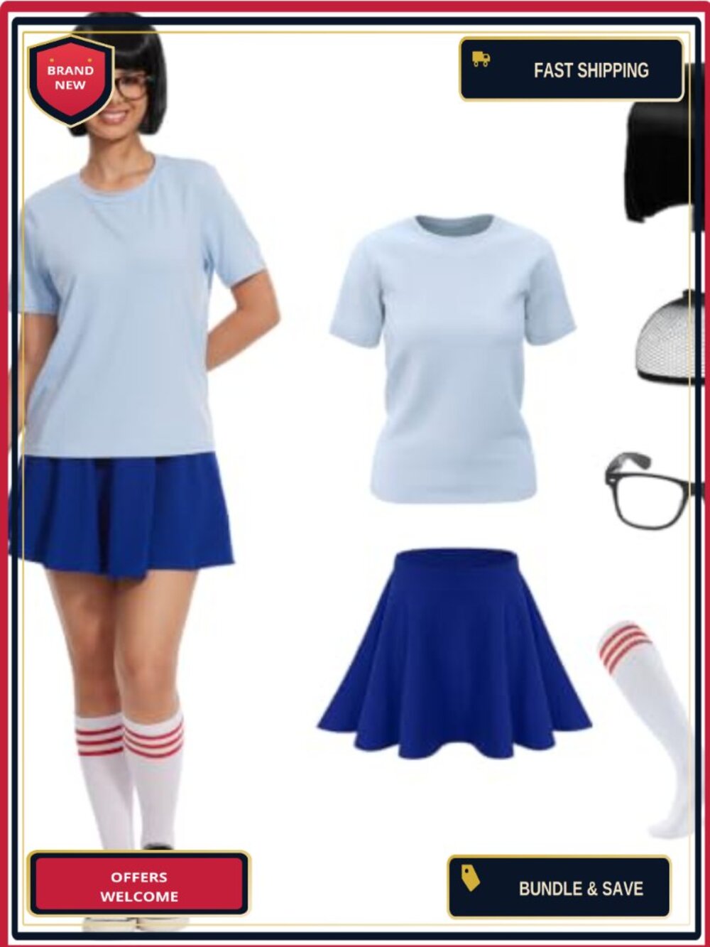 6 Pc Halloween Nerd Costume Set Cosplay Party Outfit